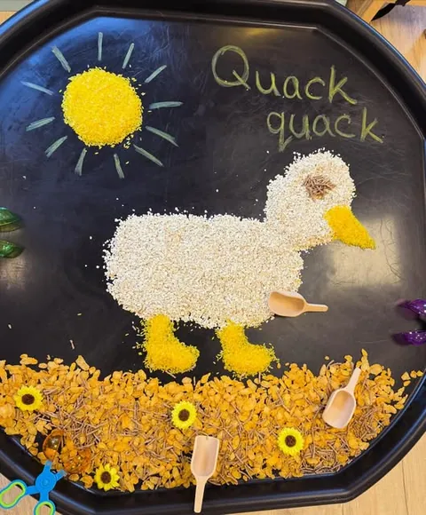 Quack quack: a tuff tray duck made from oats and corn
